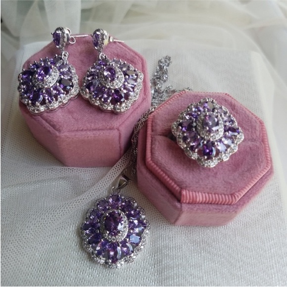 Swarovski Elements Lilac Amethyst 925 Sterling Silver Flower Statement Ring NEW - Picture 5 of 6